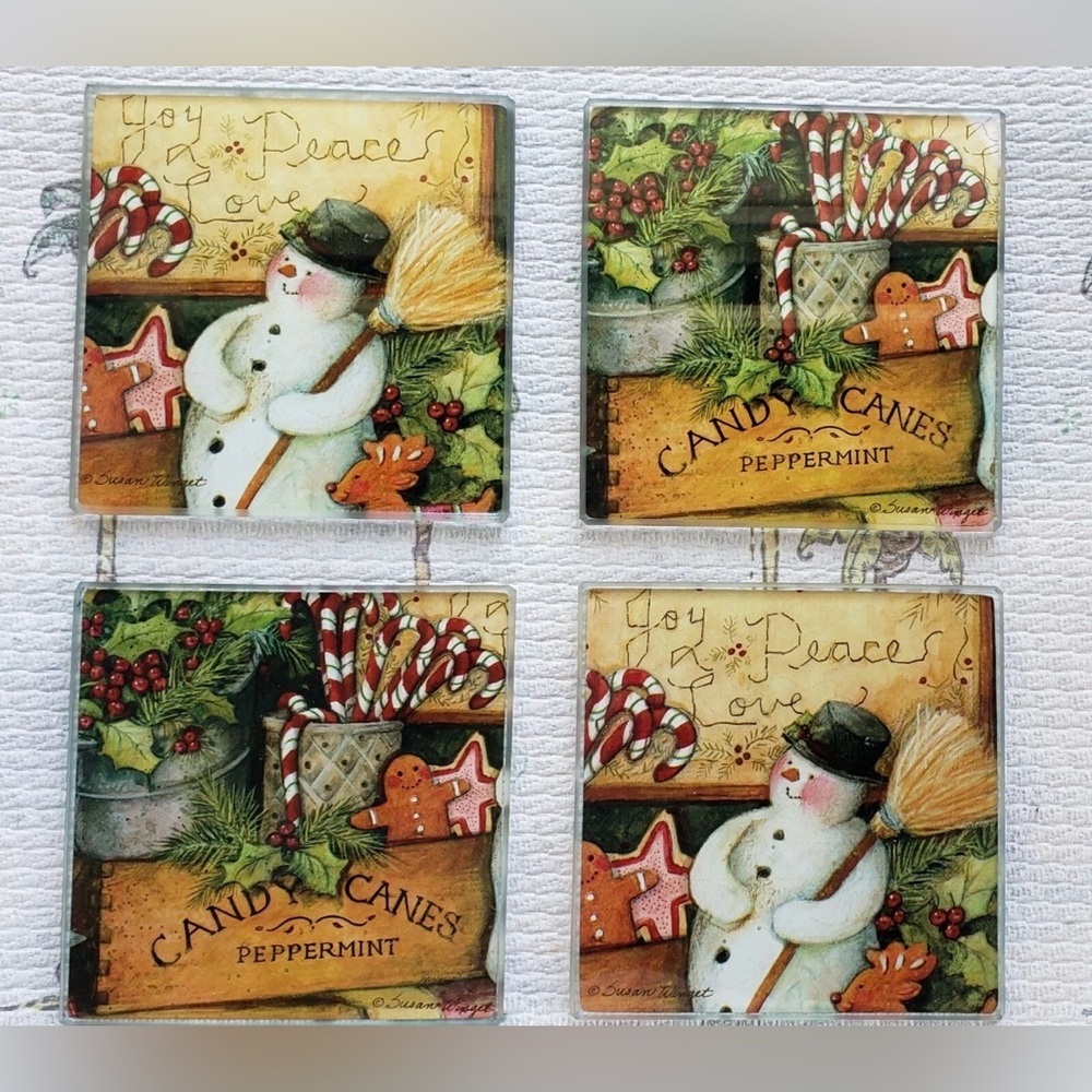 New Susan Winget Holiday Coaster Set 4 Snowman Candy Cane Peppermint Christmas